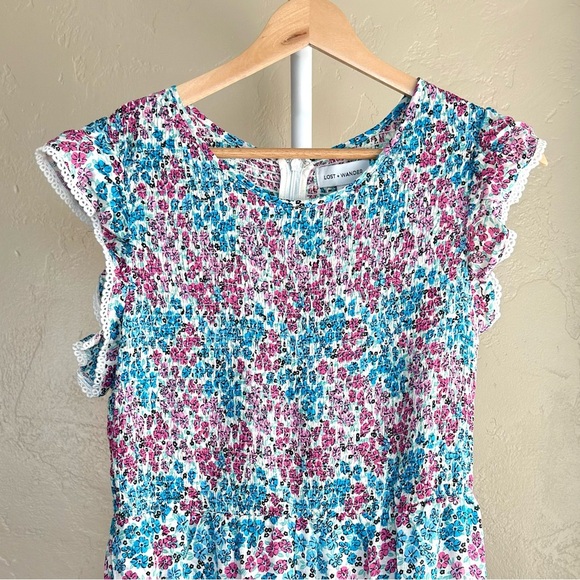 Women’s Lost + Wander Smocked Floral Midi Dress Medium Blue and Pink - Picture 3 of 9